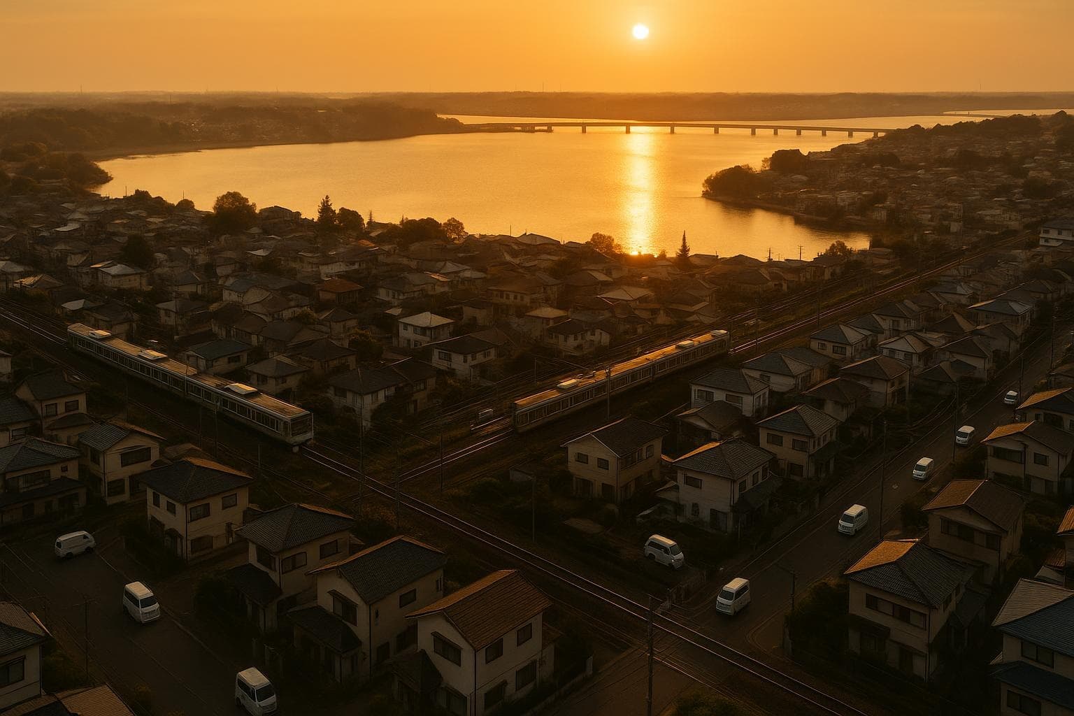 我孫子市の軽貨物配送イメージ(常磐線沿線+手賀沼+利根川県境・golden hour)