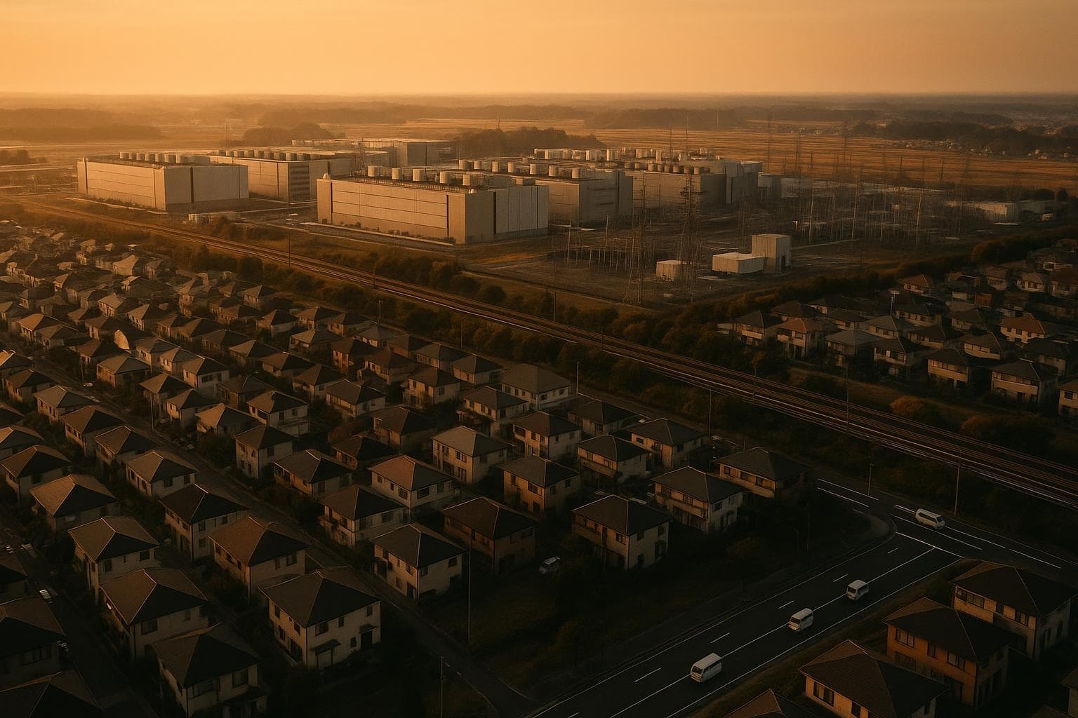 印西市の軽貨物配送イメージ(データセンター銀座×千葉ニュータウン中央俯瞰・golden hour)