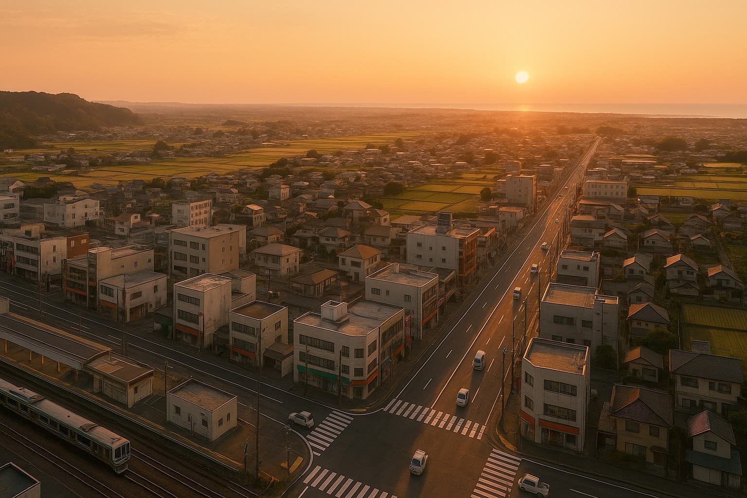 茂原市軽貨物配送イメージ(JR外房線+国道128号+農業/観光物流+九十九里平野+golden hour)
