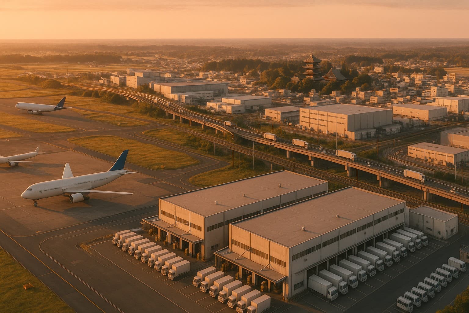成田市軽貨物配送イメージ(成田国際空港+air cargo terminal+JR成田線+成田山新勝寺+golden hour)