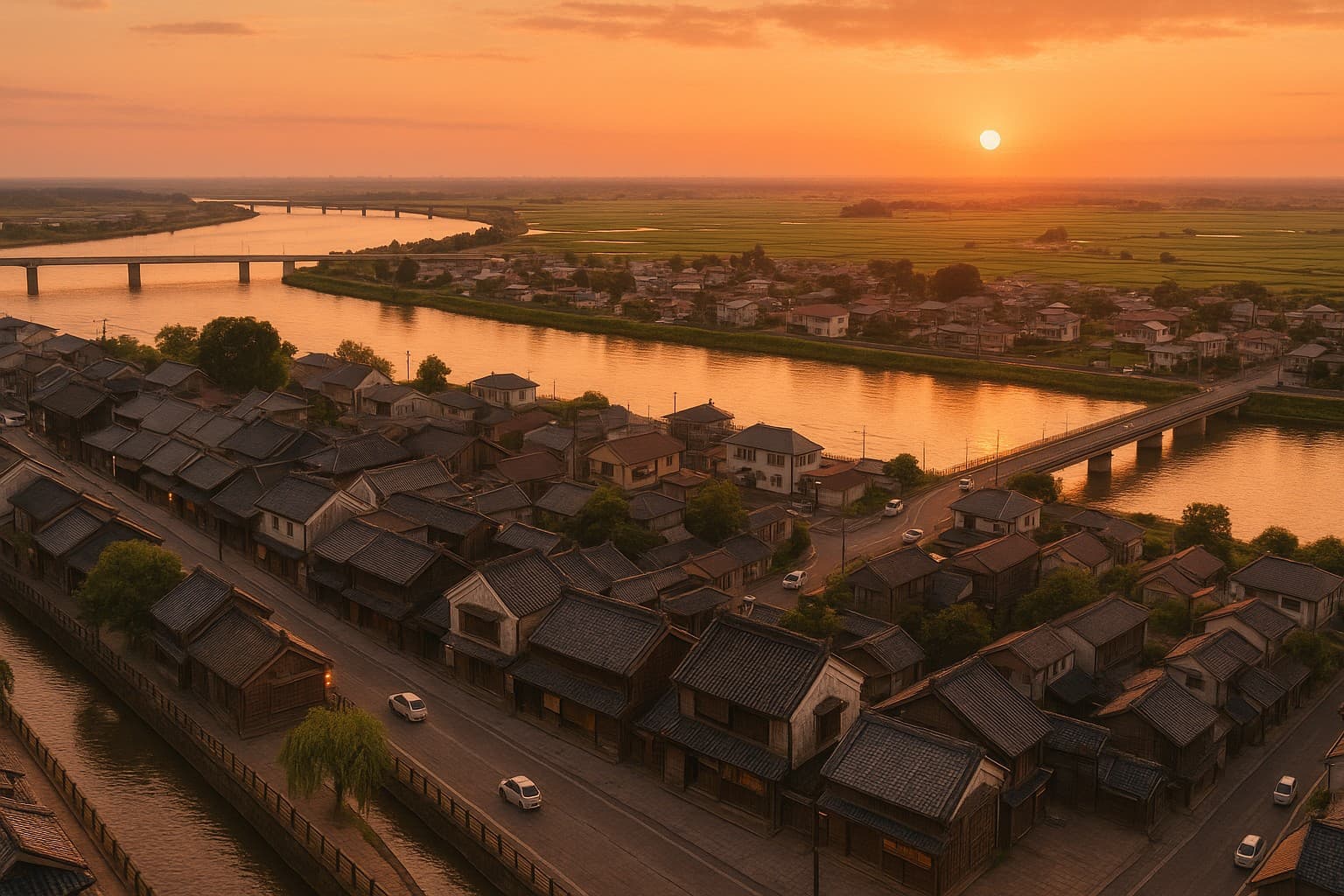 香取市軽貨物配送イメージ(小江戸佐原+利根川水郷+茨城県境+golden hour)