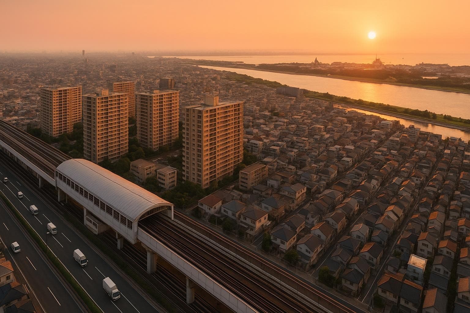 江戸川区の軽貨物配送イメージ(葛西=メトロ東西線+京葉道路+首都高7号小松川線+葛西臨海公園/葛西海浜公園+江戸川河川敷+大規模住宅団地・golden hour)