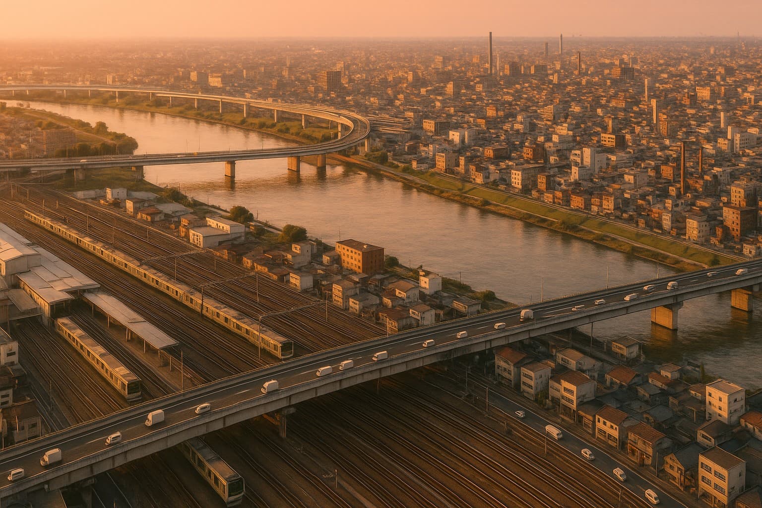 北区の軽貨物配送イメージ(赤羽駅前ターミナル+国道122号北本通り+荒川water front+王子の歴史的工業エリア・golden hour)