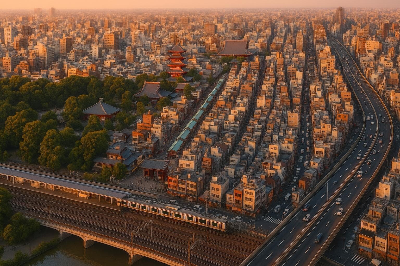 台東区の軽貨物配送イメージ(上野駅JR山手線+京成本線+銀座線+浅草寺/仲見世+アメ横商店街+合羽橋道具街+谷中下町情緒+昭和通り+首都高1号上野線・golden hour)
