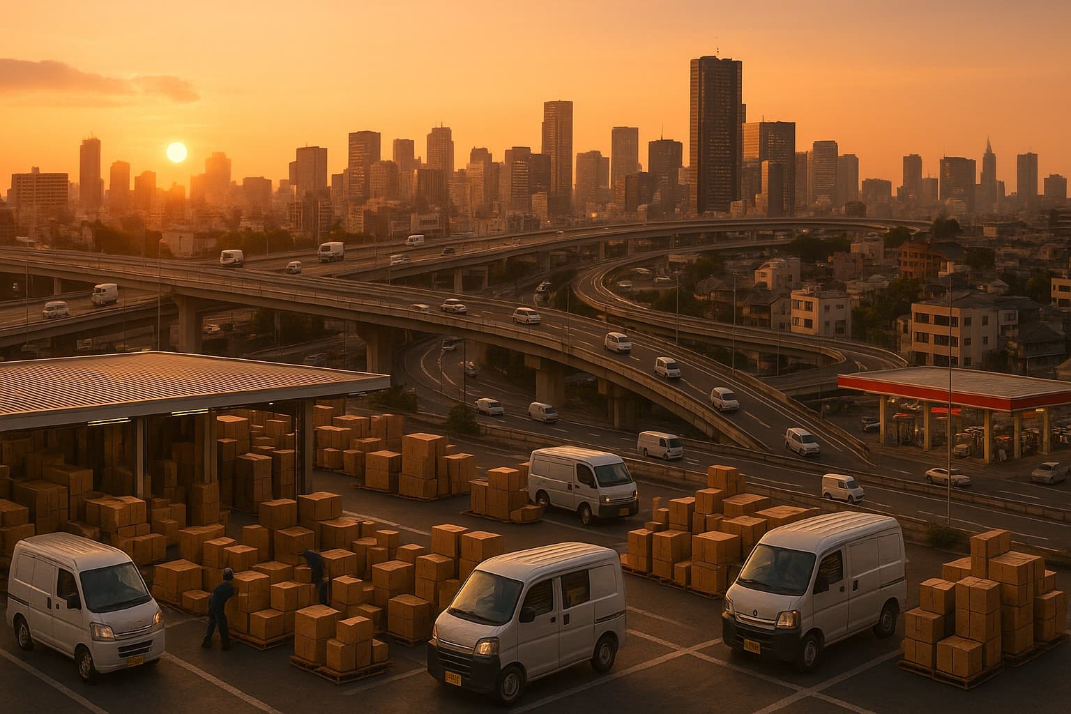 軽貨物料金/コスト経済性イメージ(配送depot+freeway+sunset)