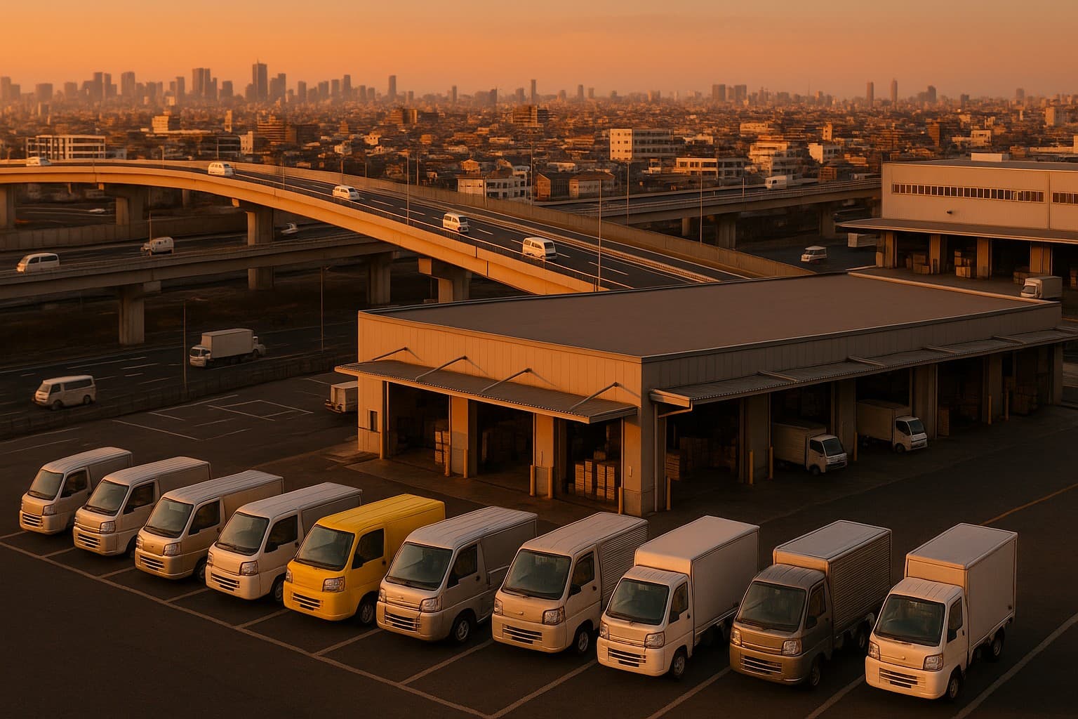 軽貨物業者比較イメージ(複数業者のkei-truck並列+物流ターミナル+golden hour)